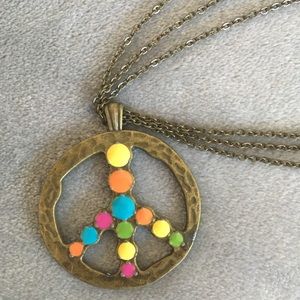 Colorful Peace sign hammered metal necklace